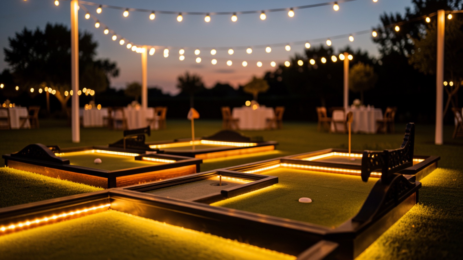 Hand-built mini golf course with LED lighting glowing at dusk