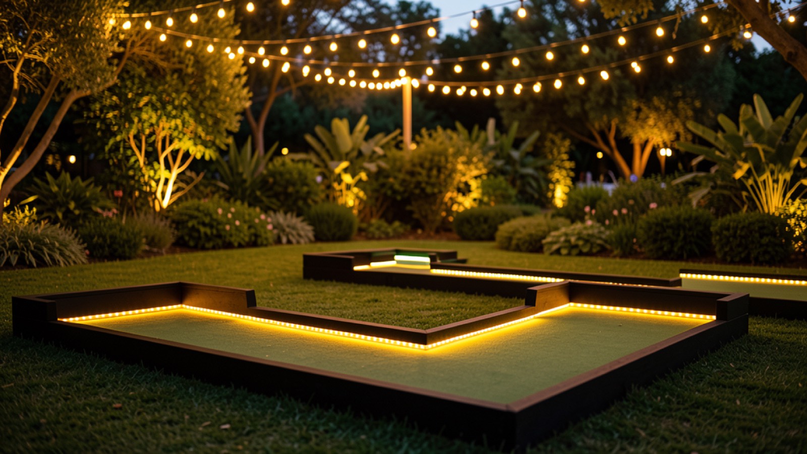 LED-lit hand-built mini golf course glowing at dusk