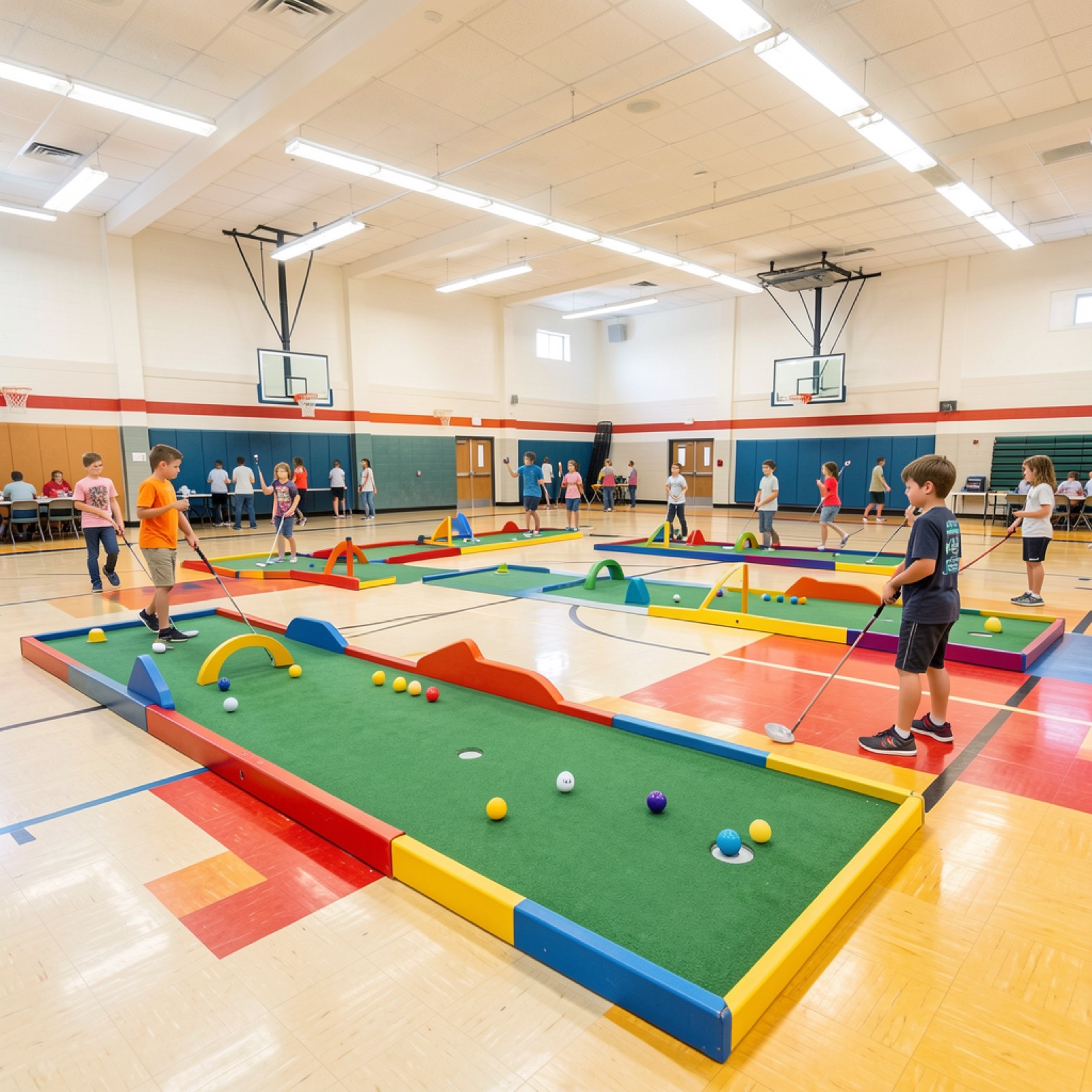 Mini golf course set up in a school gym